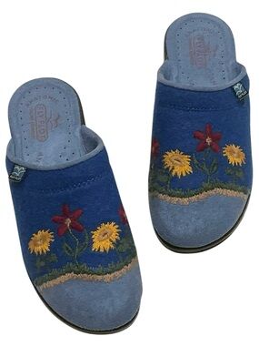 Fly Flot Mule Blue Floral Embroidered Wool Slip On Shoe Italian Made Size:38/6.5